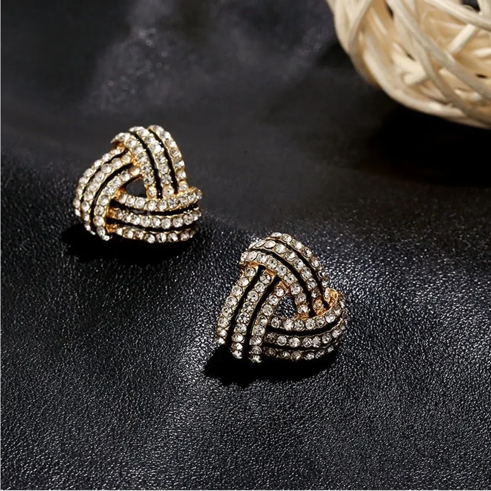 Stunning Gold Tone Black and Gold CZ Diamond Flat Triangular Post Back Earrings